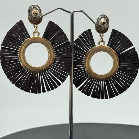 INC Leather Fringe BOHO Circle Gold Tone Post Earrings - Picture 8 of 8